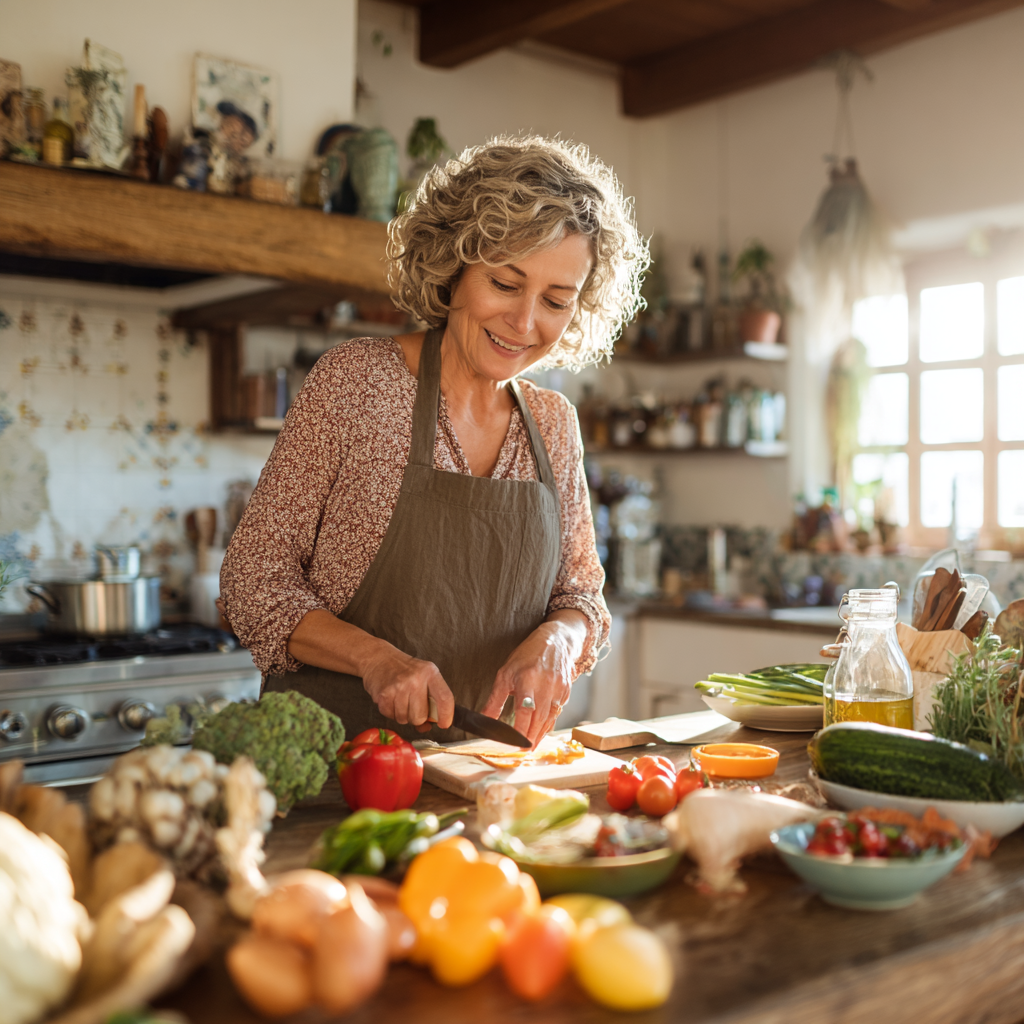 Middle-aged woman preparing healthy balanced meal in bright kitchen