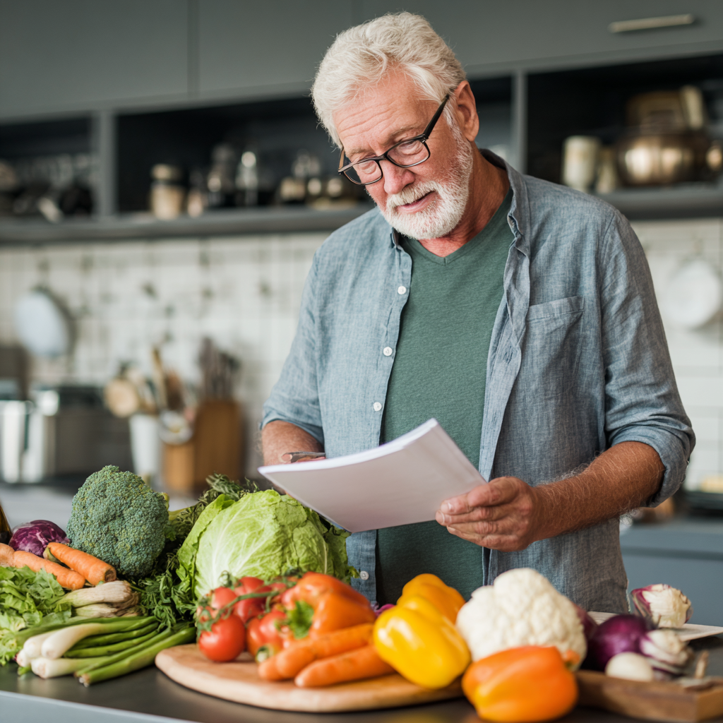 Older adult reviewing personalized meal plan with fresh ingredients on kitchen counter